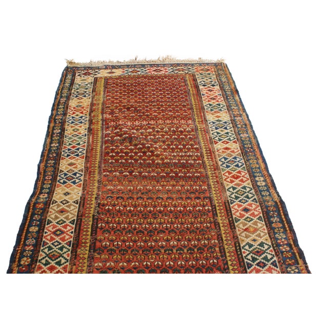Hand knotted in high quality wool originating from Russia between 1890-1900, this bold antique Soumak rug hosts a...