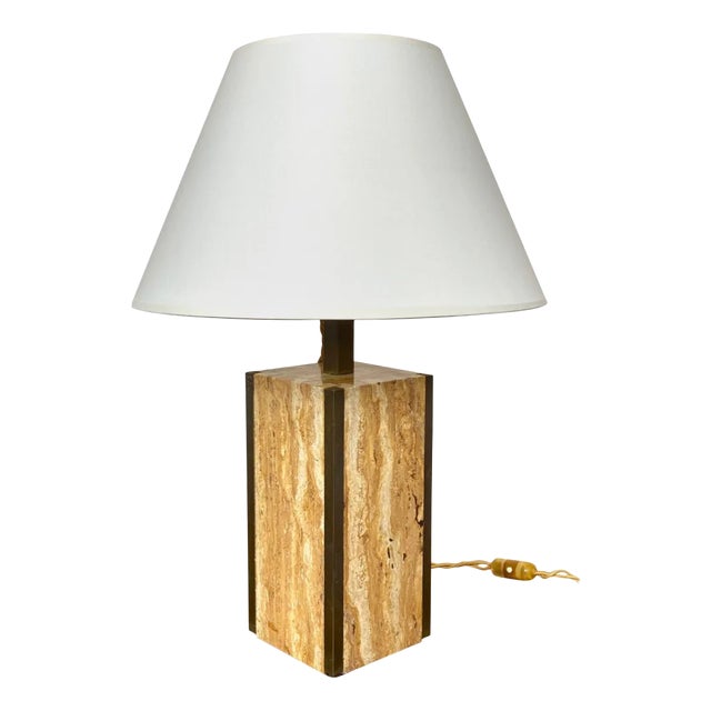 Travertine Walnut & Brass Table Lamp, Italy, 1970s For Sale