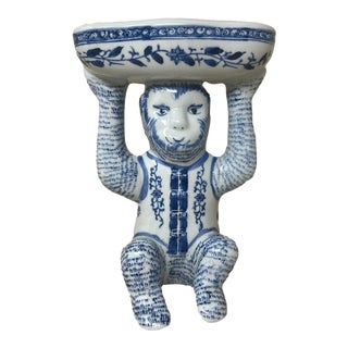 Vintage Blue and White Chinoiserie Monkey Figurine With Trinket Dish For Sale