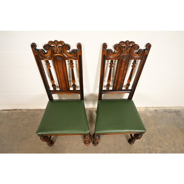 1920s Berkey & Gay Antique English Jacobean Carved Walnut Side Chairs or Dining Chairs, Pair For Sale - Image 5 of 16