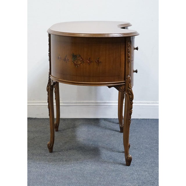 Vintage Antique Solid Walnut Louis XV French Provincial 42" Kidney Vanity Table W. Hand Painted Floral Accents For Sale - Image 9 of 13
