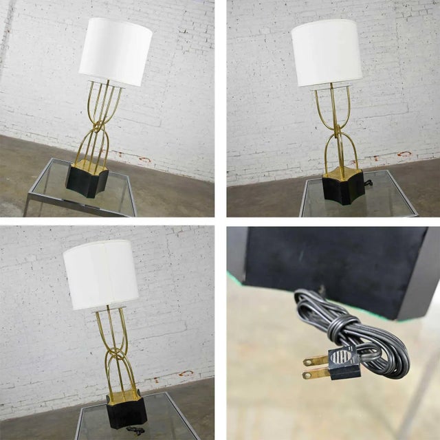 1960s Mid-Century Modern Table Lamp Brass Looped Tube Black Base White Drum Shade For Sale - Image 12 of 13