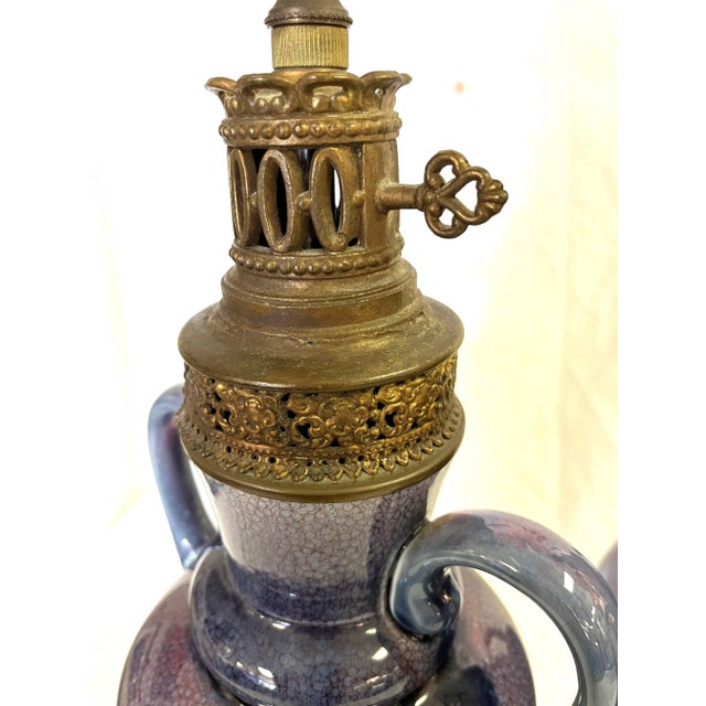 Vintage Ceramic Amphora Handled Vase Lamps With Purple Floral Decoration- a Pair For Sale - Image 10 of 12