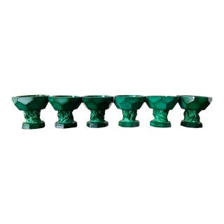 Art Deco Green Malachite Geometric Glass Pedestal Master Salt Cellars or Egg Cup Holders- Set of 6 For Sale