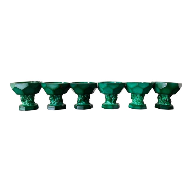 Art Deco Green Malachite Geometric Glass Pedestal Master Salt Cellars or Egg Cup Holders- Set of 6 For Sale