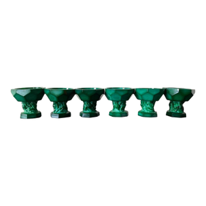 Art Deco Green Malachite Geometric Glass Pedestal Master Salt Cellars or Egg Cup Holders- Set of 6