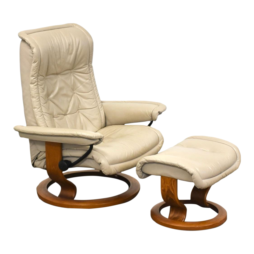 1990s Beige Leather Stressless Ekornes Lounge Chair and Ottoman