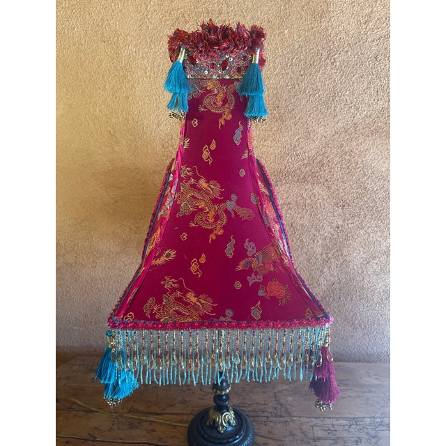 Single Couture Eiffel Tower Lamp Shade...Covered in raspberry printed chinoiserie silk fabric, turquoise, orange and hot...