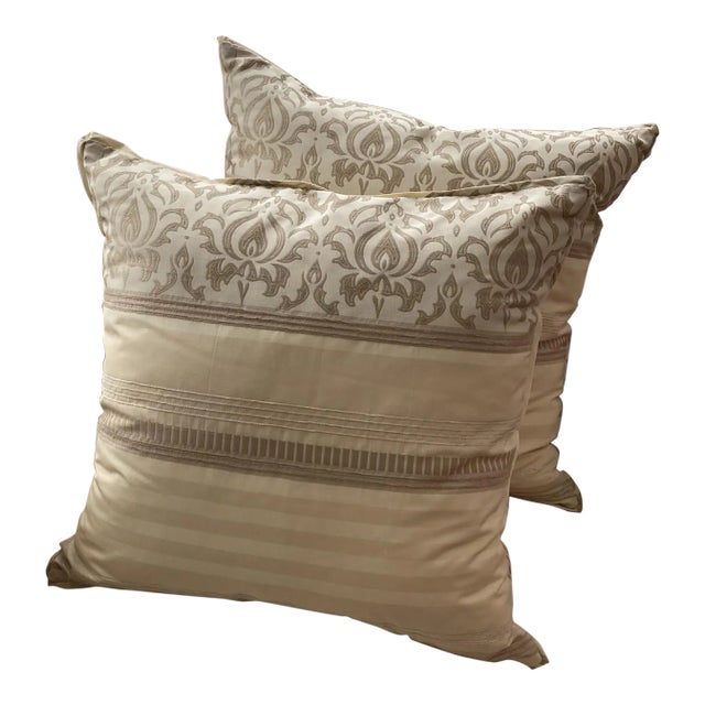 2000s Cream Damask Pattern Pillows - a Pair For Sale