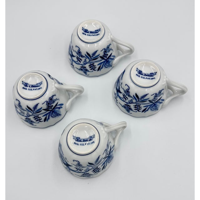 Ceramic 1950's Danube Blue Onion Blue & White 8pc Cup & Saucer Set Ribbon Hallmark Logo For Sale - Image 7 of 9