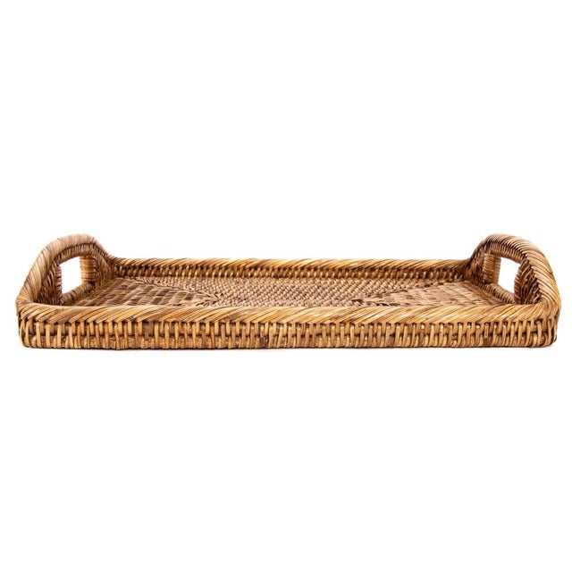 Artifacts Rattan Rectangular Serving Tray with High Handles in Honey Brown - 14" For Sale - Image 13 of 13