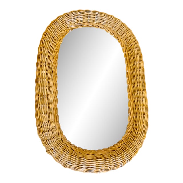 Vintage Coastal Tropical Boho Natural Wicker Rattan Wall Mirror Decor Oval For Sale