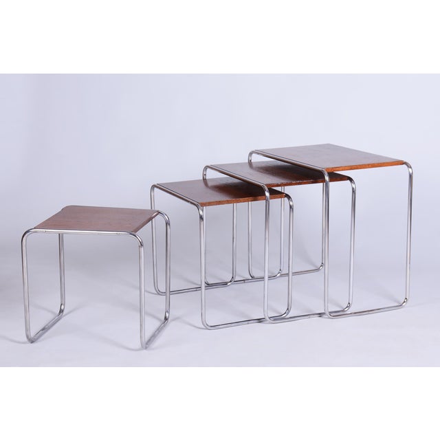 Nesting Tables in Oak and Chrome by M. Breuer for Thonet, Czech, 1920s, Set of 4 For Sale - Image 15 of 15