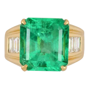 GIA Certified 8.64 Carat Colombian Emerald & Baguette Diamond Mens Ring in 18K, Size 7