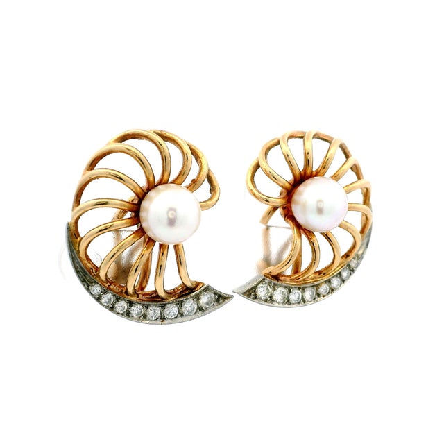 1950s American Two-Tone Gold Pearl and Diamond Fan Ear Clips, Pair For Sale - Image 9 of 11