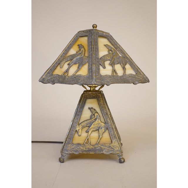 Native American 1980s Native American Indian End of Trail Caramel Slag Stained Glass Shade Table Lamp For Sale - Image 3 of 11
