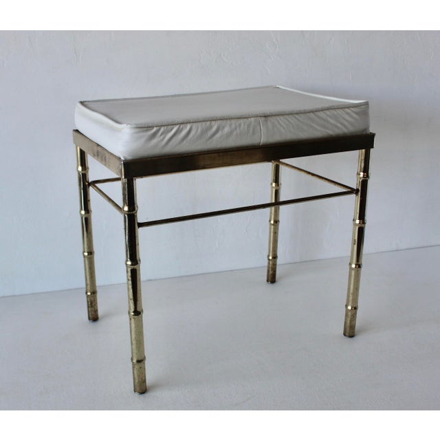 George Koch Style Faux Bamboo Brass Rectangular Padded White Vinyl Seat Vanity Stool Bench Vintage Hollywood Regency For Sale - Image 15 of 17