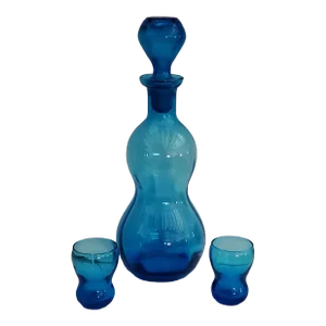 Vintage Turquoise Hand-Blown Hourglass Shaped Glass Decanter With 2 Matched Shot Glasses- 3 Pieces
