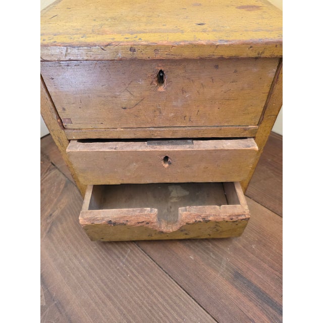 Folk Art Primitive Yellow Wood Box With Drawers For Sale - Image 3 of 13