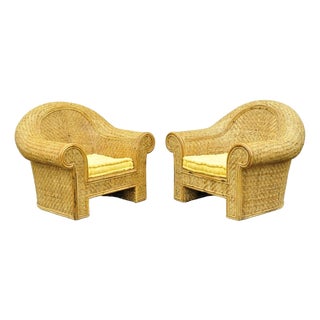 Late 20th Century Ralph Lauren Attr. Large Woven Wicker Rattan Club Lounge Chairs - A Pair For Sale