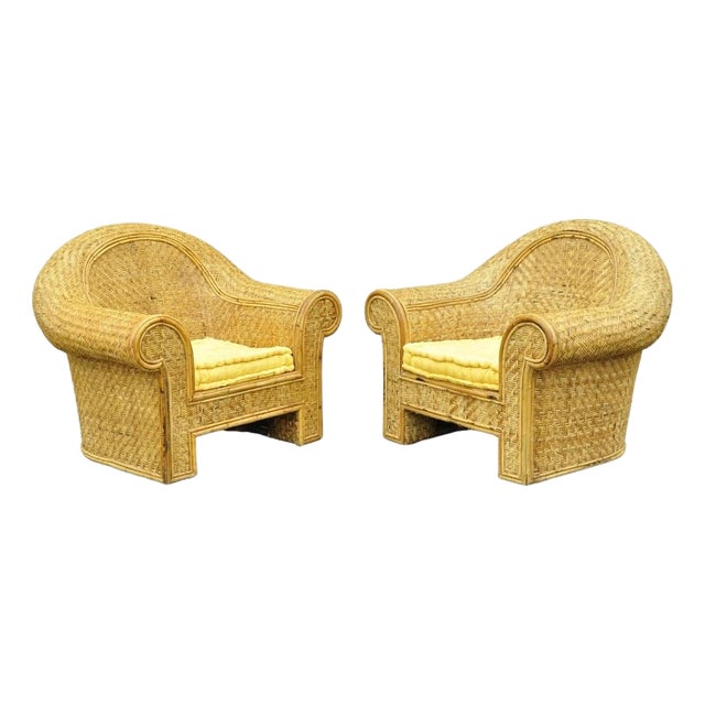 Late 20th Century Ralph Lauren Attr. Large Woven Wicker Rattan Club Lounge Chairs - A Pair For Sale