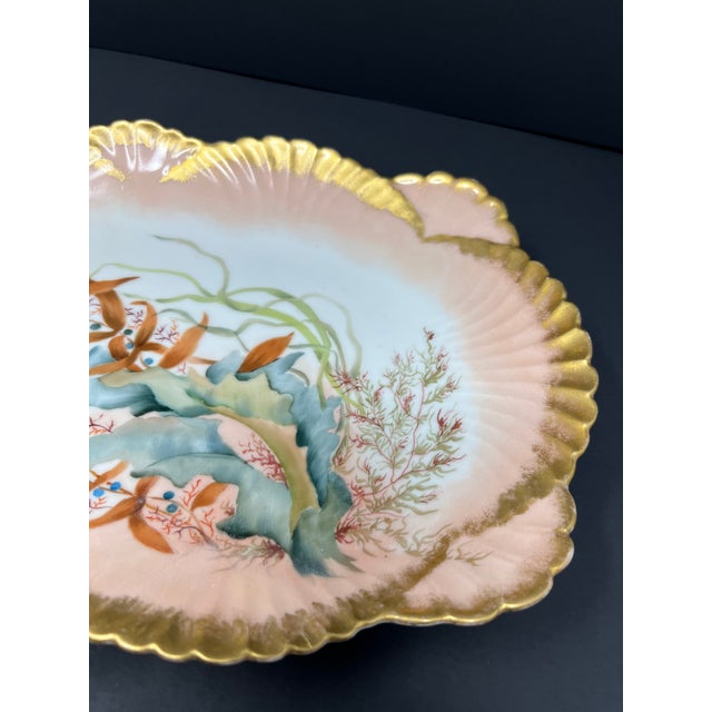 Antique Staple Repaired Limoges Porcelain Charger, Art Nouveau Marine Botanical, France c.1900 For Sale In Seattle - Image 6 of 9