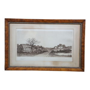 Antique Ernest C Rost a Wayside Conversation Farm Landscape Etching 29"