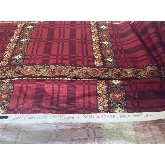 Schumacher Vintage Schumacher Burgandy "Paisley and Plaid" Screen Print Cotton Fabric. 5.5 Yards. For Sale - Image 4 of 5