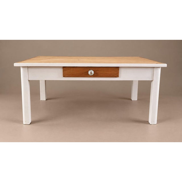 Country Coffee Table in Pinewood with Floral Porcelain Knob and Drawer, 1890s For Sale - Image 9 of 9