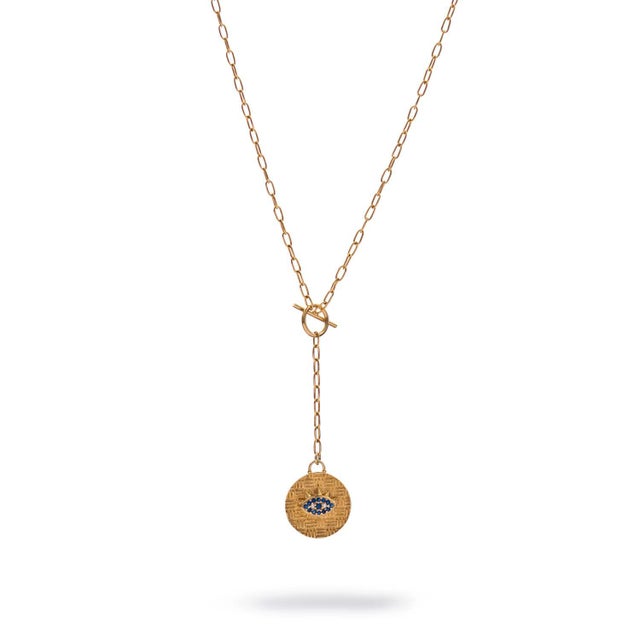 Contemporary Sapphire Guardian Evil Eye Lariat Gold Necklace For Sale - Image 3 of 10