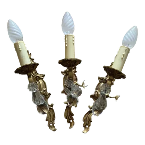 1940's French Rococo Louis XVI Gilt Bronze W/ Cut Crystal Wall Sconces Set of 3
