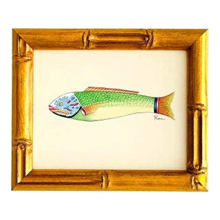Original Miniature Hand-Painted Fish Painting in Faux Bamboo Frame For Sale