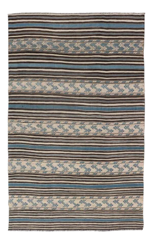 Turkish Vintage Flat-Weave With Striped Design and Tribal Motifs in Blue & Brown
