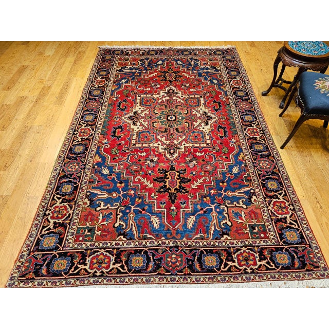 Vintage Persian Heriz Serapi Rug, Hand-Knotted Wool, Geometric Pattern, Red & Navy, 6x9 For Sale - Image 10 of 18