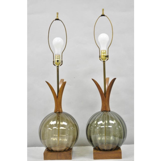 Vintage Mid Century Modern Ribbed Smoked Glass Orb Pineapple Table Lamps - Pair For Sale - Image 14 of 15