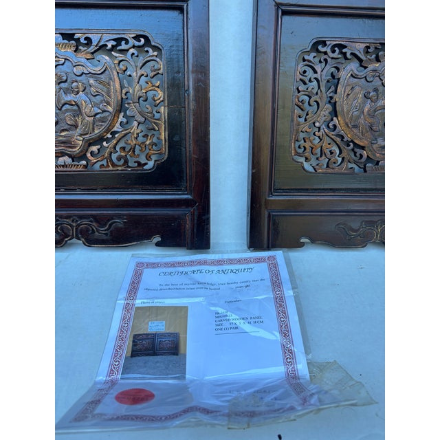 1875 Chinese Hand-Carved Wooden Wall Panels With Gold Accent and Certificate of Antiquity, Pair For Sale - Image 9 of 10
