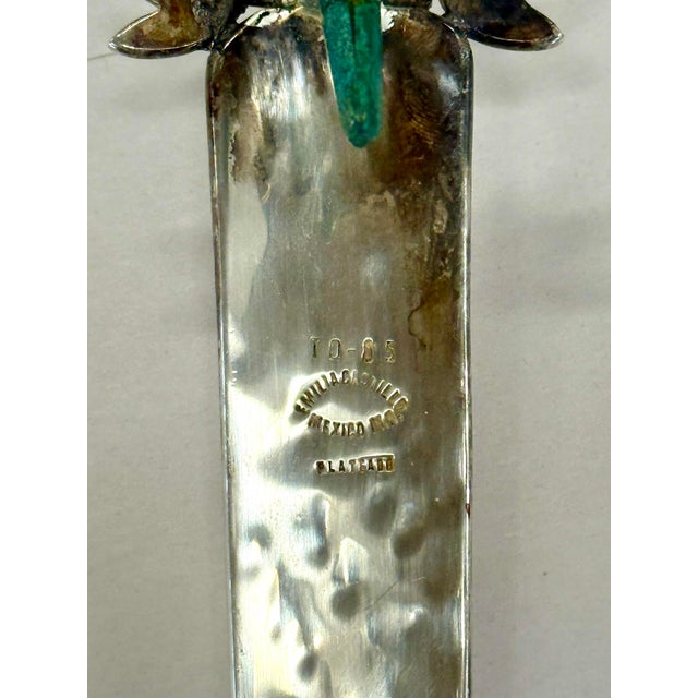 Metal Set of Signed Emilia Castillo Silver Salad Servers With Malachite Parrots Rare - A Pair For Sale - Image 7 of 8