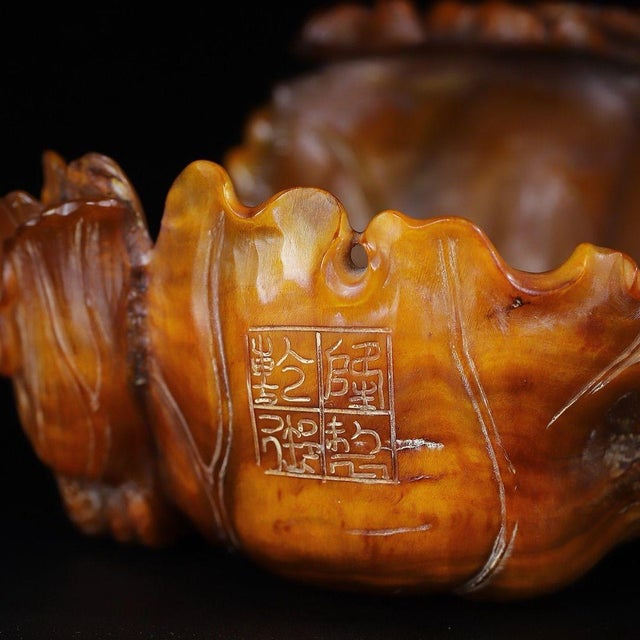 Carved Horn Brush Washer With Lotus Motif For Sale In Los Angeles - Image 6 of 9