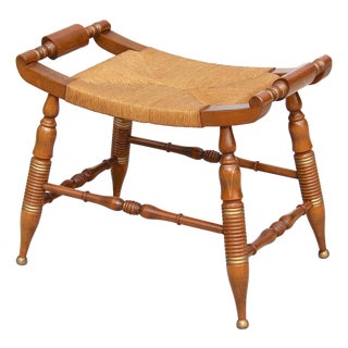 Vintage Hitchcock-Style Maple Bench With Woven Rush Seat & Gold Stenciling For Sale