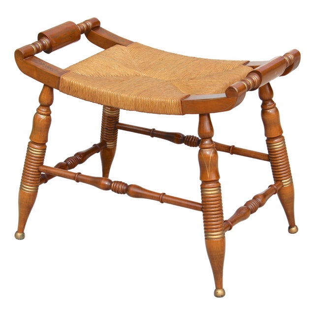 Vintage Hitchcock-Style Maple Bench With Woven Rush Seat & Gold Stenciling For Sale