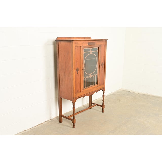 Berkey & Gay Berkey & Gay Style Antique English Jacobean Carved Walnut and Burl Wood Bookcase or Bar Cabinet, Circa 1920s For Sale - Image 4 of 13