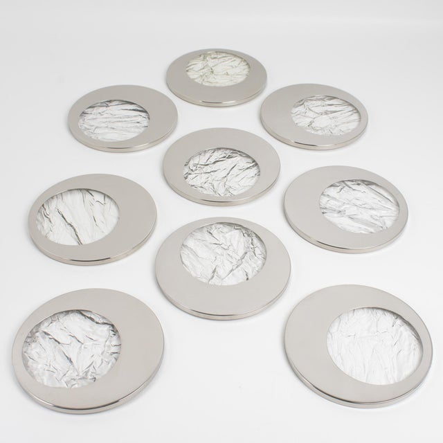 Metal 1970s Willy Rizzo Style Ice Effect Lucite and Chrome Coasters, 9 pieces For Sale - Image 7 of 13
