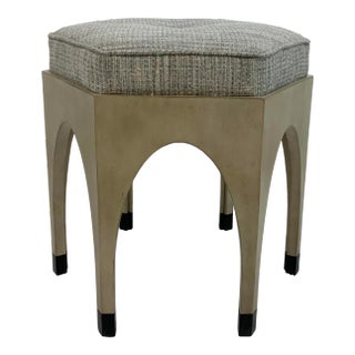 Currey Mid-Century Modern Style Gray Tufted Tweed Dyer Ottomam For Sale