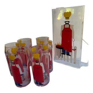 1950s Mid-Century Modern h.j.stotter Acrilic "Barbecue Chef" Six Tumblers With Matching Pitcher - 7 pcs For Sale