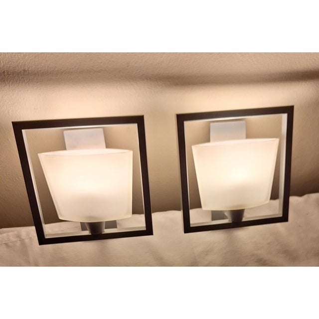 2000 - 2009 Vintage German Wall Lamps with Square Metal Frame and Matt Glass Shade by Honsel, Set of 2 For Sale - Image 5 of 8