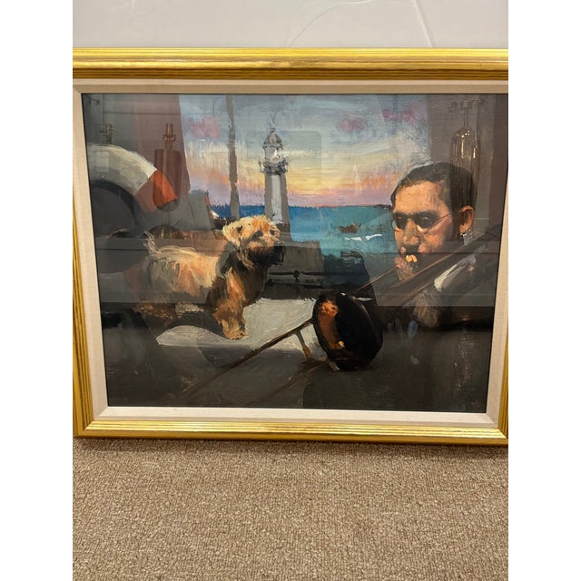 Alan Kingsbury Atlantic Giclee Framed. Gold frame, man and dog by lighthouse. Original retail $676. Showroom floor sample.