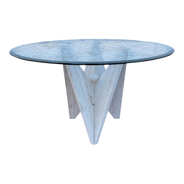 Architectural Travertine & Glass Dining Table For Sale
