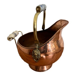 Vintage Copper and Brass Coal Scuttle With Porcelain Handles For Sale