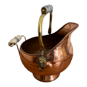 Vintage Copper and Brass Coal Scuttle With Porcelain Handles