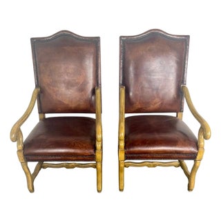 Pair of Mid-20th Century Italian Carved Armchairs With Leather Upholstery For Sale